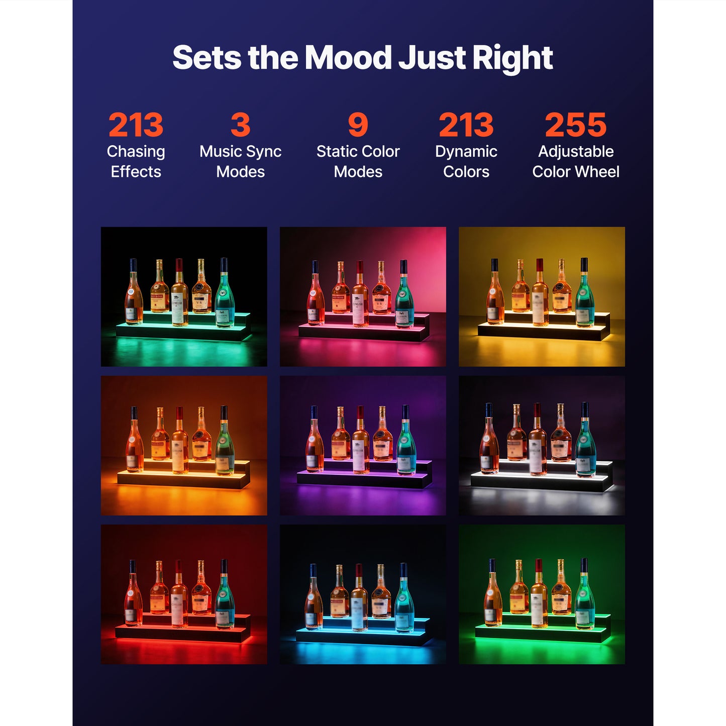 LED Lighted Liquor Bottle Display, 2 Tiers 24 Inches, Supports USB, Acrylic Illuminated Home Bar Shelf Display With RF Remote & App Control, 9 Static Colors, Timing Mode, For 12-16 Bottles