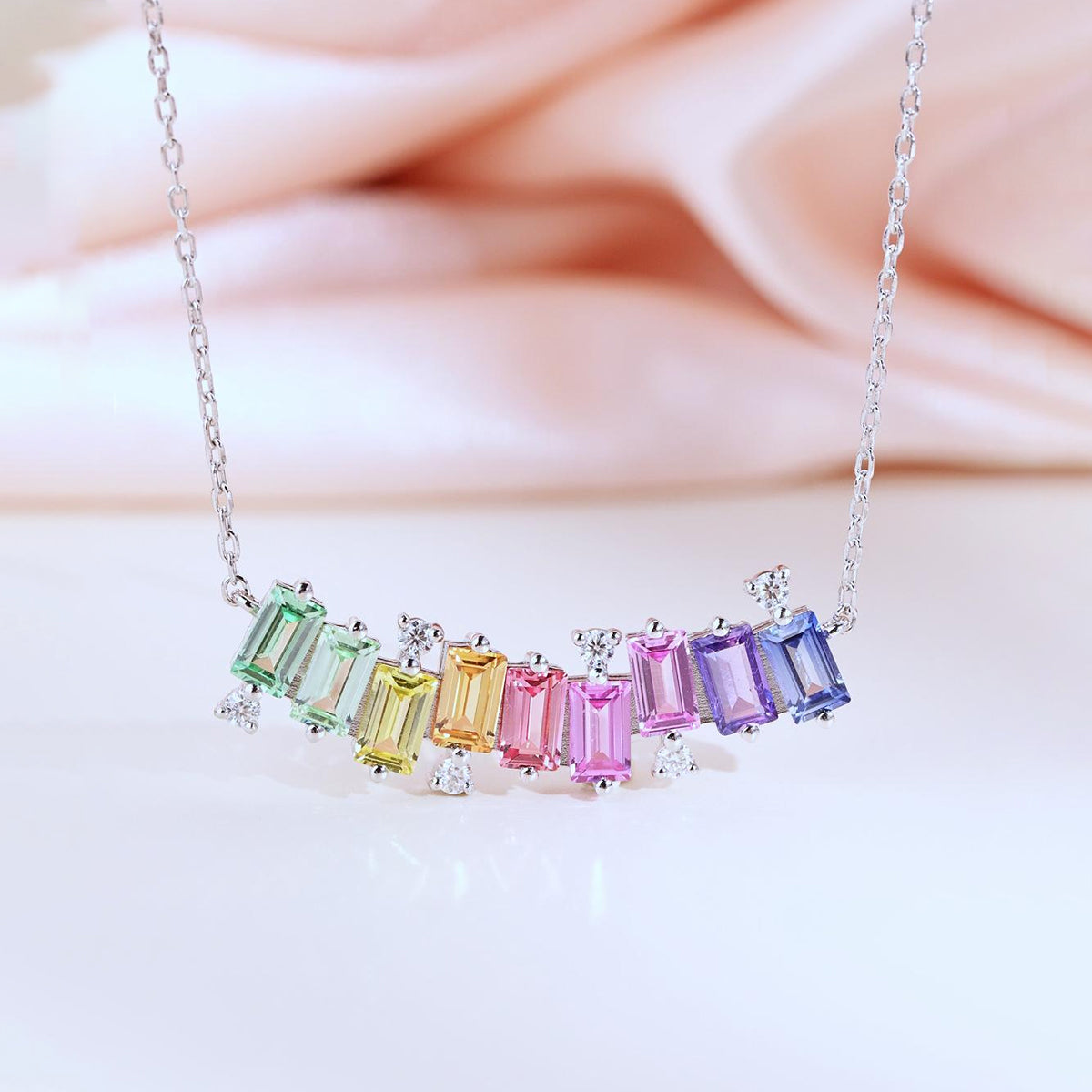 S925 Sterling Silver Rectangle Rainbow Lab-Grown Gemstone Necklace 45cm Platinum Plated With D Color VVS1 Moissanite GRA Certified Gift Box