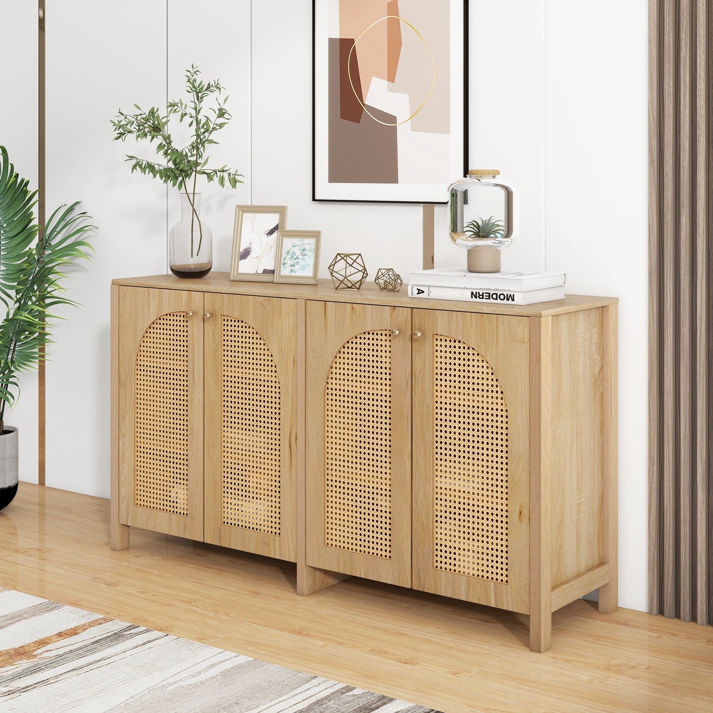 Modern Minimalist Style Sideboard 4 Rattan Door, Metal Handle Simple Buffet Cabinet For Dining Room, Living Room, Kitchen  Natural Wood