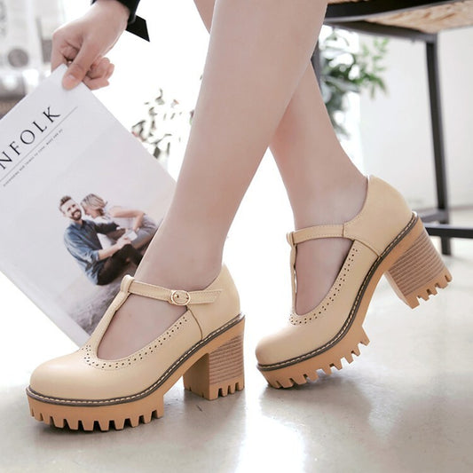 Korean-style Low-Top Single-Buckle Japanese-Style Retro Lace-trimmed Thick-soled Womens High Heels