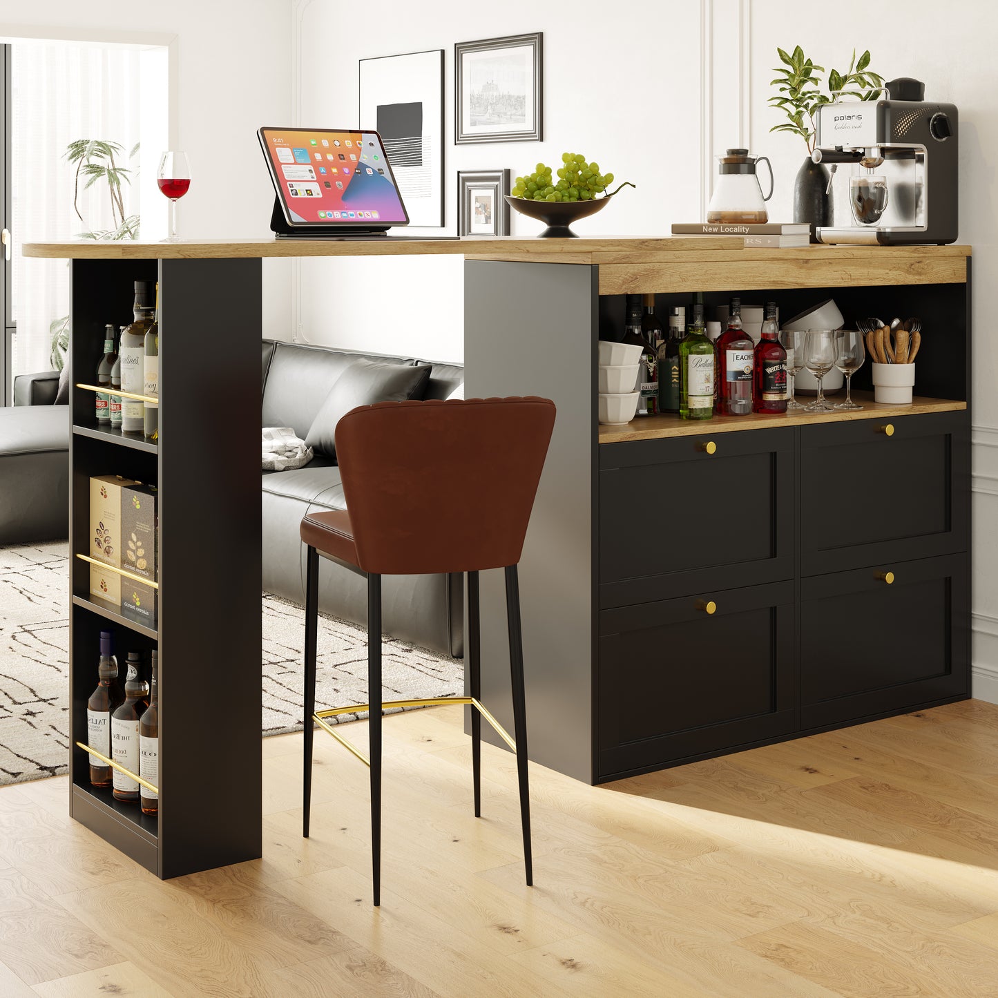 360 Rotating Bar Table  Main Body 105 X 39 X 102 Cm , With 4 Drawers And Open Shelves, Suitable For Dining Room Study Living Room, Etc