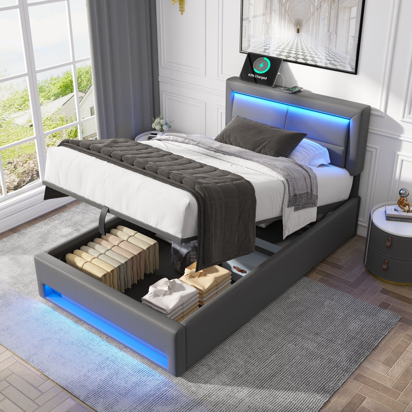 Upholstered Bed 90 X 200 Cm, With USB Port  Supports Wireless And Wired Charging , With LED Lighting And Storage, Without Mattress, PU Lychee Pattern,Grey OLD SKU 3252934AAG