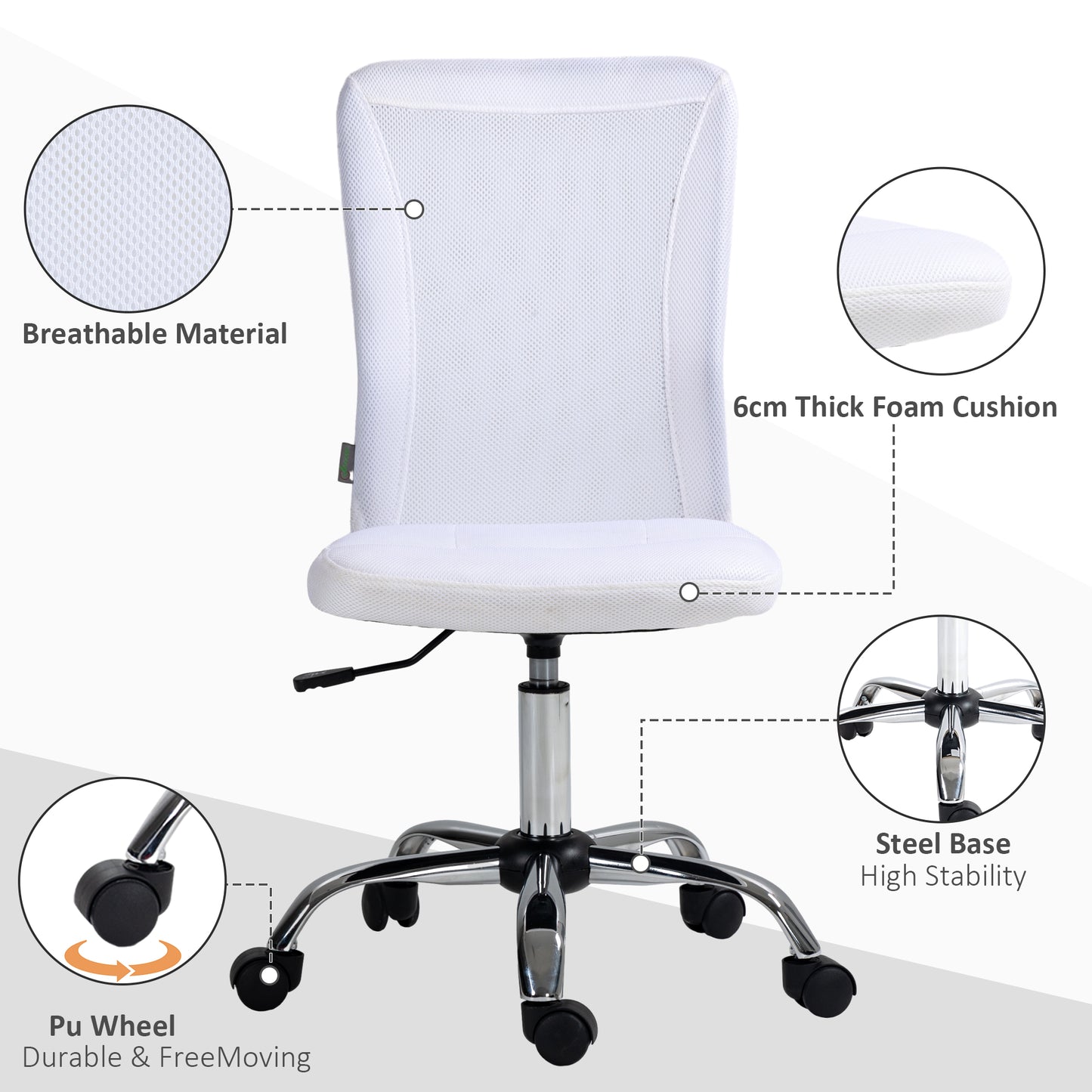 Vinsetto Computer Desk Chair, Mesh Office Chair With Adjustable Height And Swivel Wheels, Armless Study Chair, White