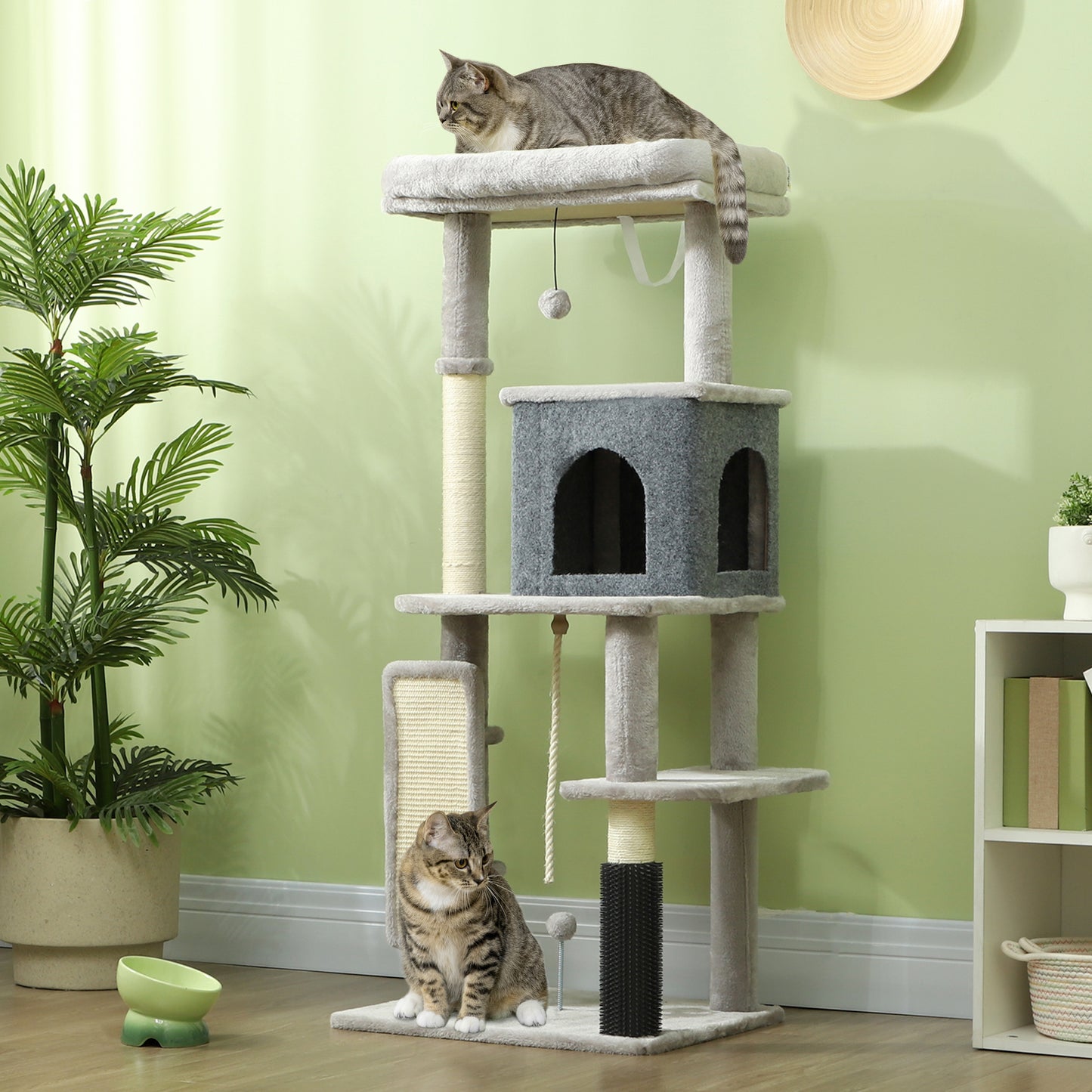 PawHut 132cm Cat Tree W/ Scratching Posts, Pad, Cat Bed, Cat House, Jumping Platform, Grooming Brush, Anti-Tip Kit, Light Grey