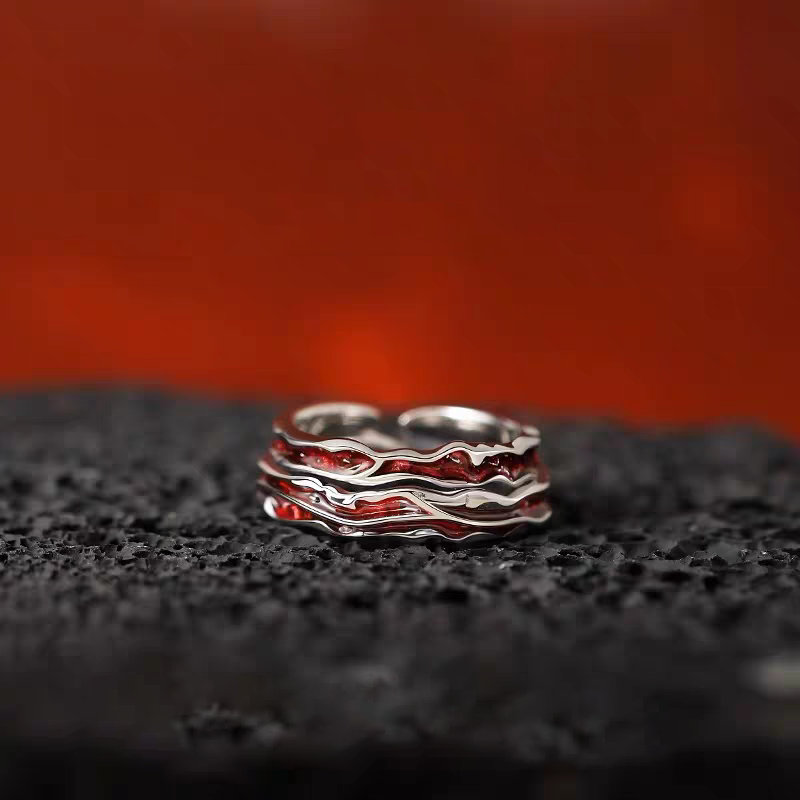 1 Pair 999 Sterling Silver Passionate Red Wave Couple Rings, Adjustable Open Promise Rings, Ideal Valentine's Day Gift For Lovers