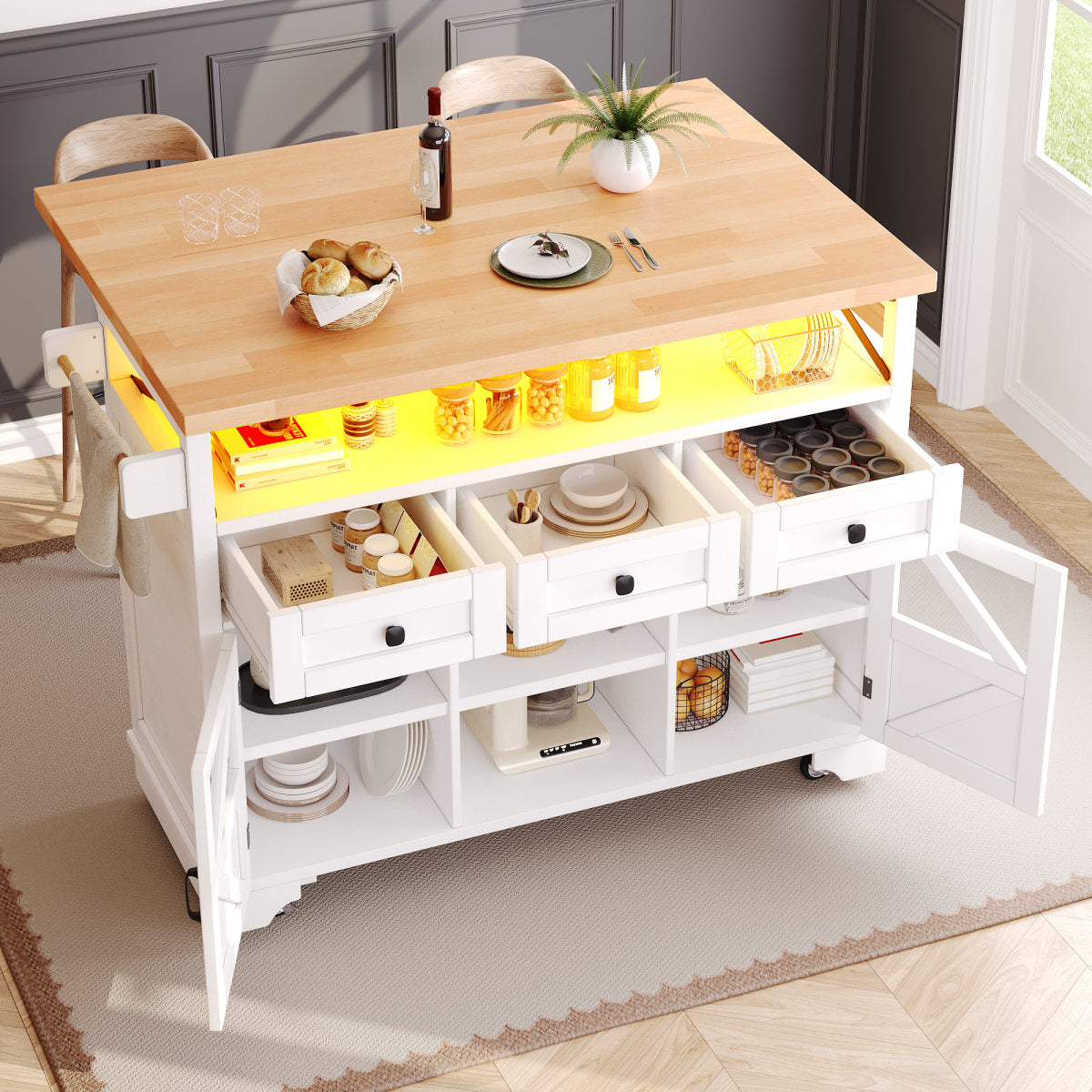 Multifunctional Mobile Kitchen Island Cart - With App-Controlled LED, Drop-Leaf Table, 3 Drawers & 2 Doors, Bar Sideboard With Storage