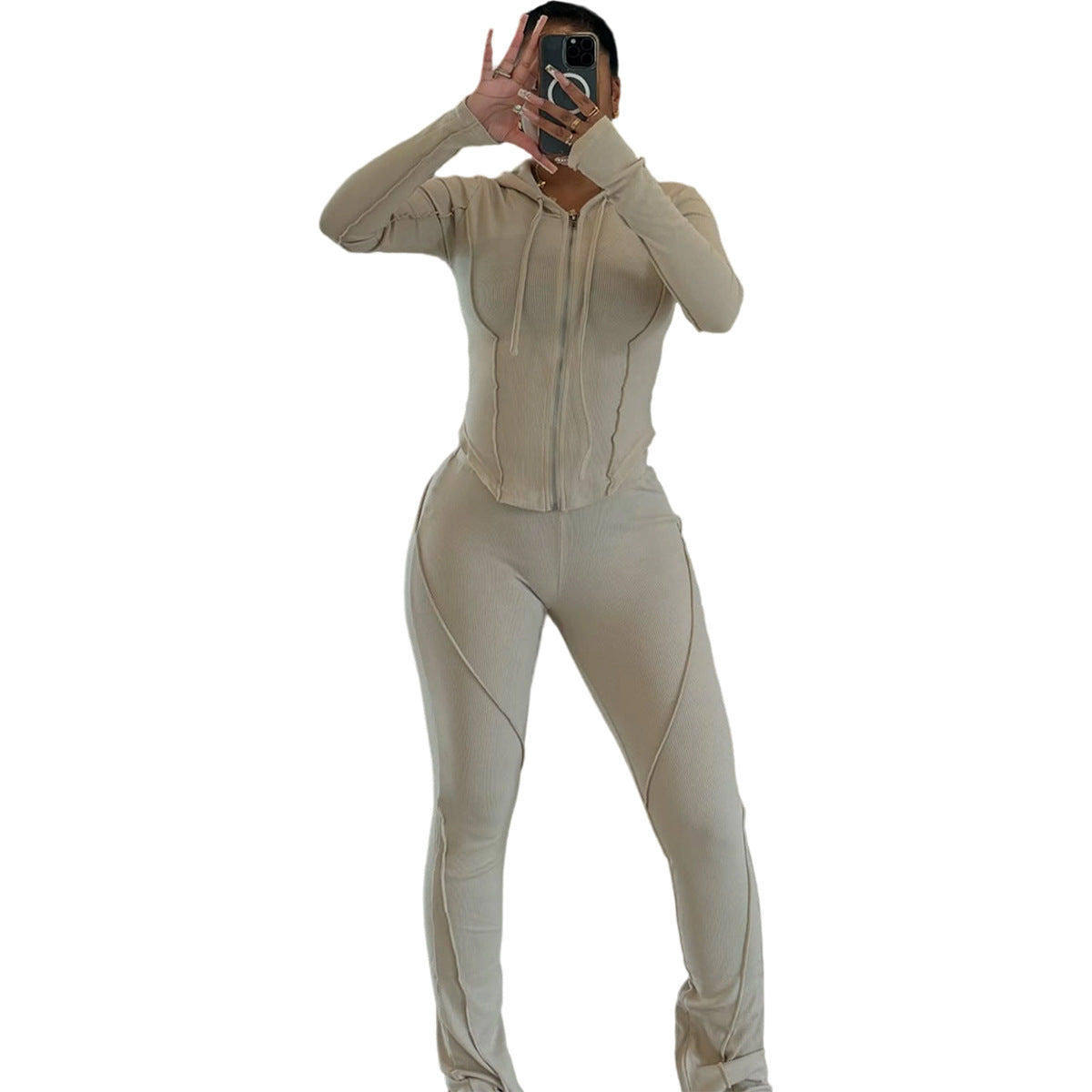 Womens Fashion Ribbed-Stripe Casual Sports Set