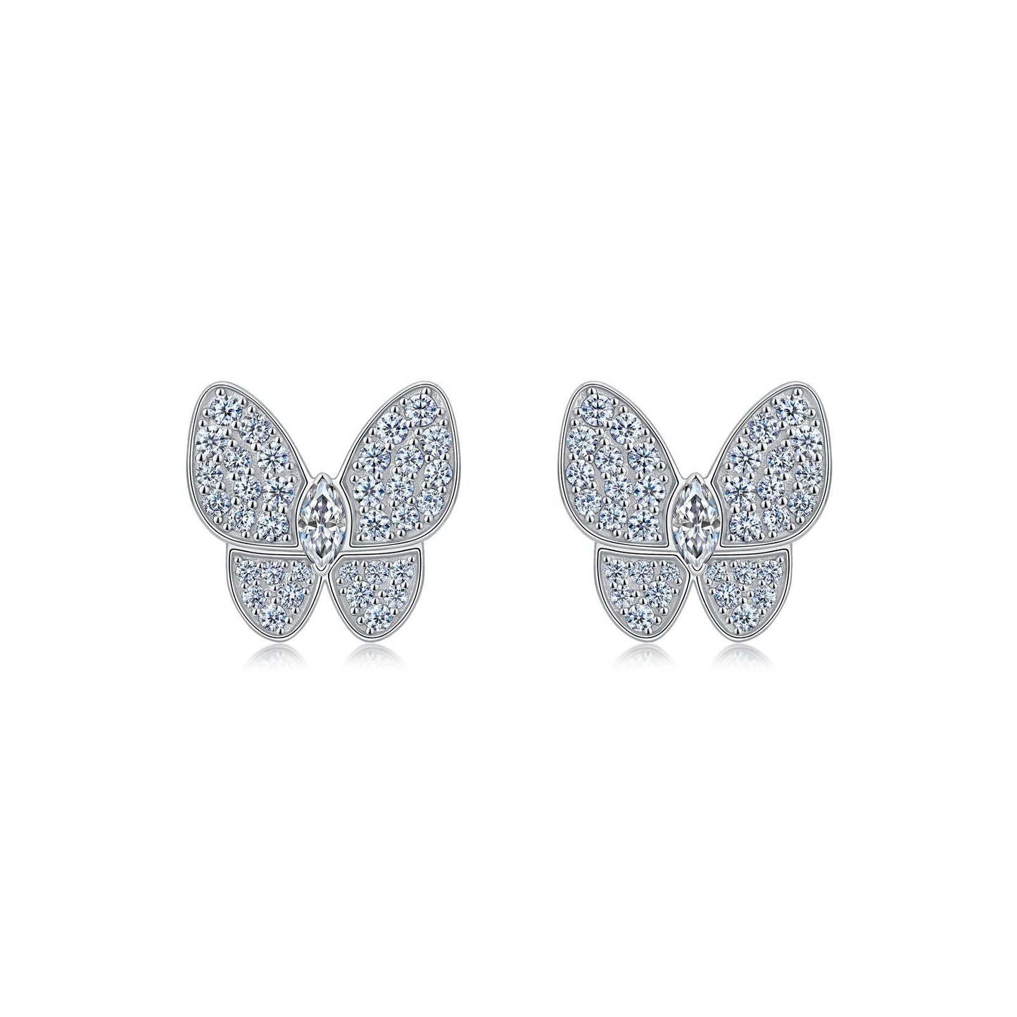 S925 Sterling Silver Butterfly Stud Earrings, D-VVS1 Marquise Moissanite Pave Wings, Platinum Plated 3.4g Women's Jewelry Gift Box