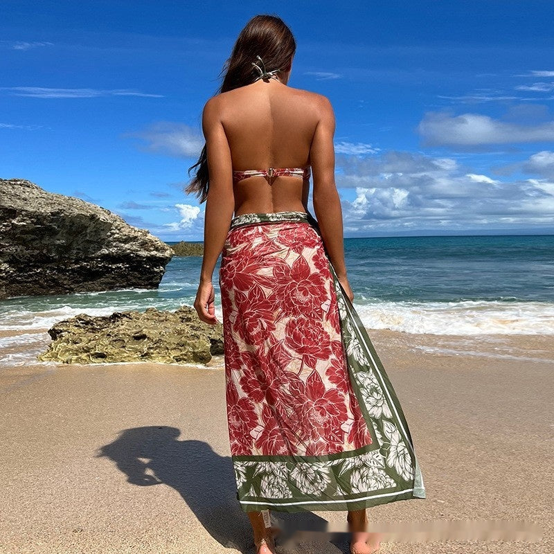 Three Piece Swimsuit Women's Sexy Print Bikini Suit High Waist Beauty Back