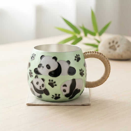 925 Sterling Silver Charming Panda Mug with Playful Design and Woven Handle-Premium Indigo Tea Mug - Handicraft