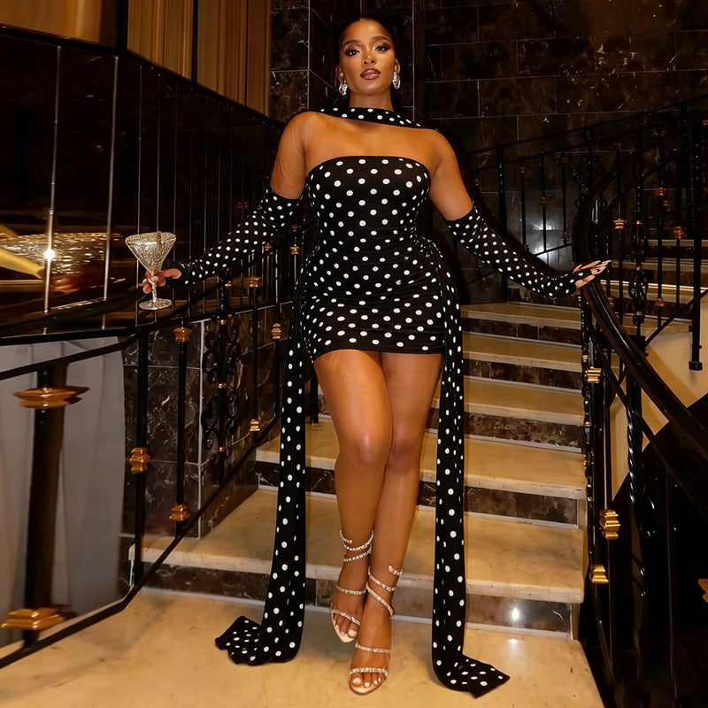 Polka-dot Halter-neck Dress With Flowing Ribbons Figure-flattering And Body-hugging