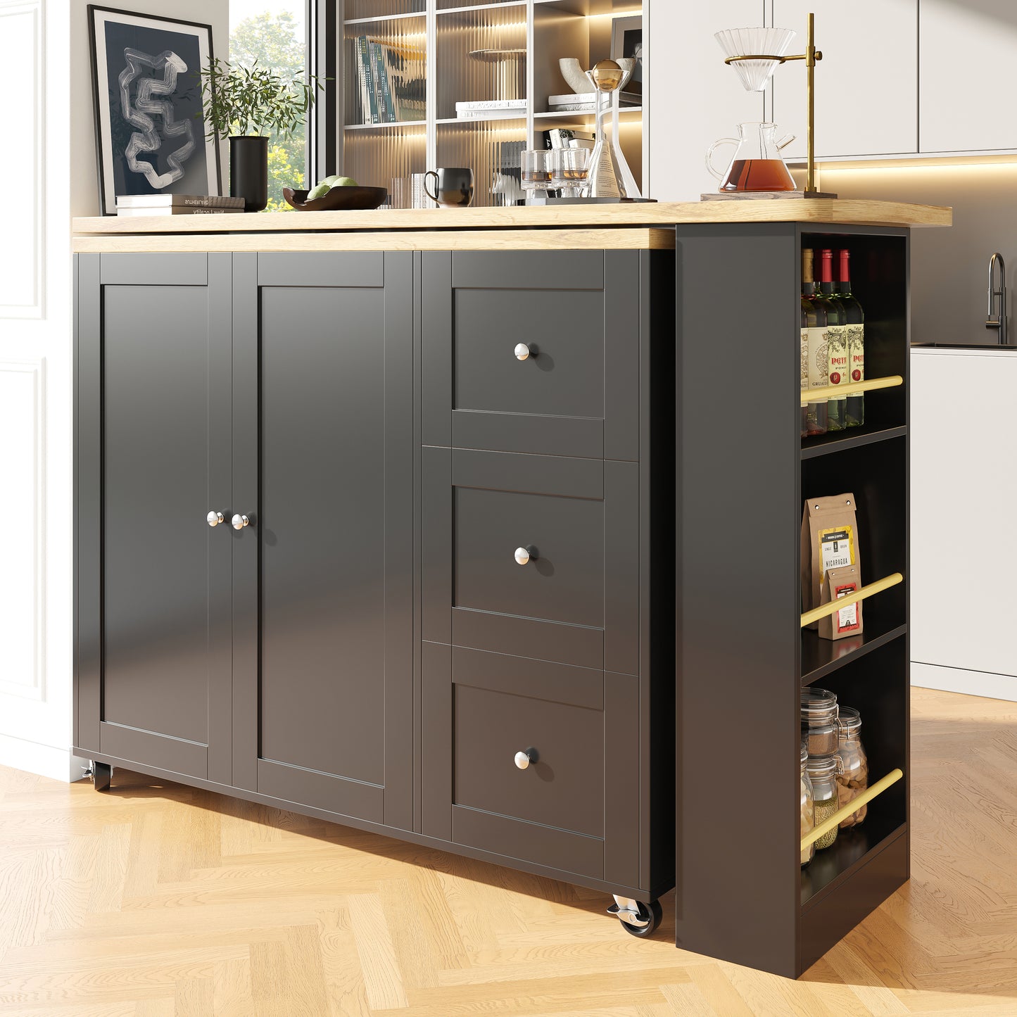 360 Swivel Bar Table  135-203 X 39 X 106 Cm  On Wheels, Black, With Three Drawers. Comes With Snack Holder. Multifunctional Storage Island, Suitable For Kitchen And Living Room