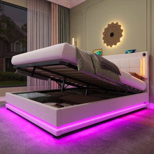 4ft6 Double LED Hydraulic Bed With Charging Station, Adjustable Square Tufted Headboard With Intelligent Control Light, Soft Velvet Bed Frame With USB And Type - C Ports, Beige