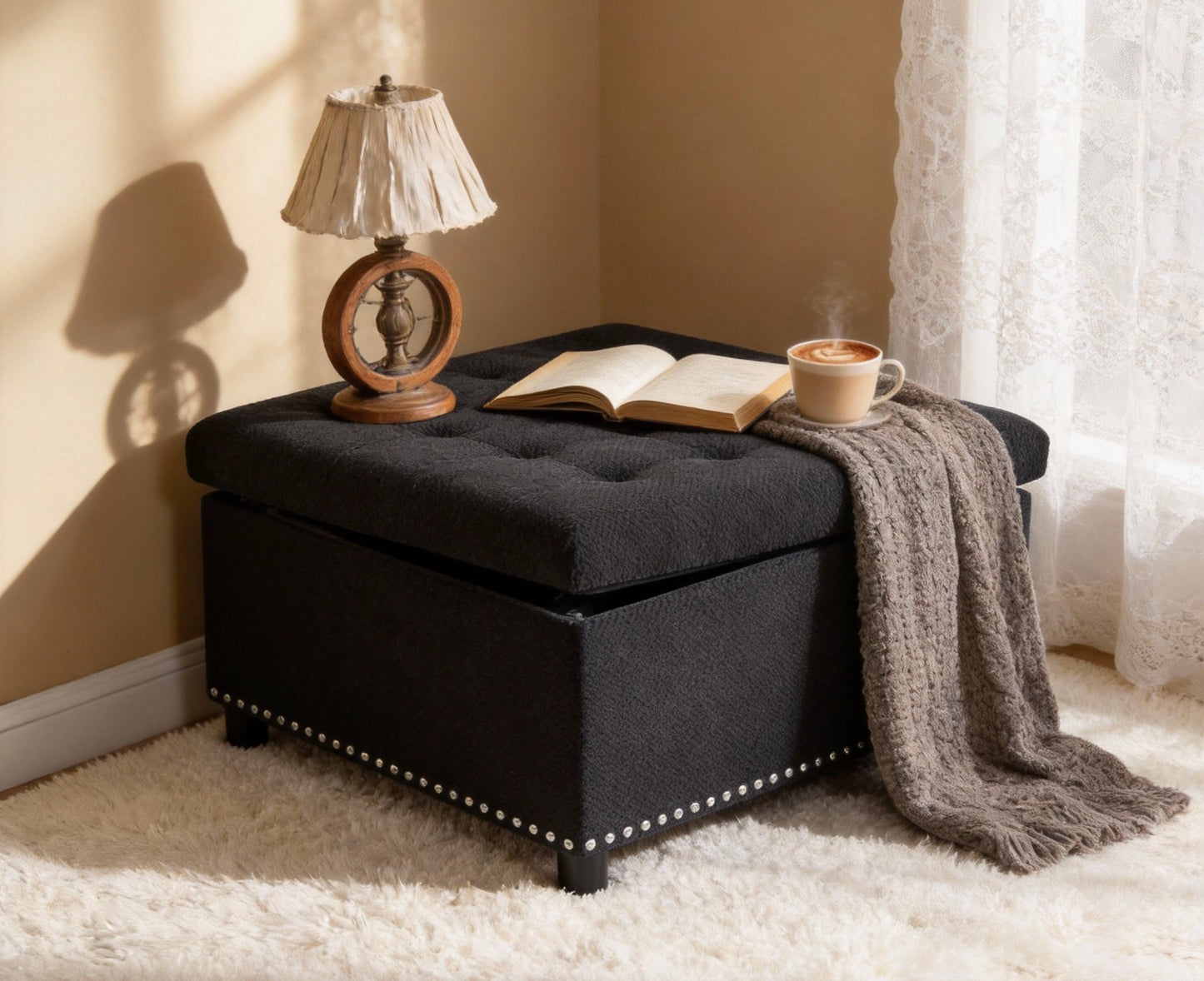 Storage Ottoman, Tufted Footstool, Nailhead Trim Ottoman, Square Storage Ottoman, Upholstered Coffee Table, Bedroom Storage, Living Room Accent, Black Ottoman, Small Space Furniture, Home Decor.