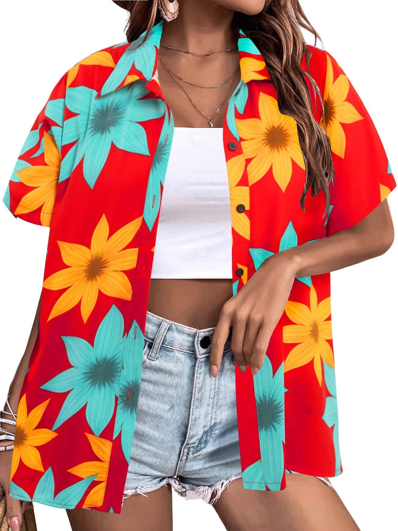 Womens Fashion Plus-Size Floral Loose-Fitting Shirt