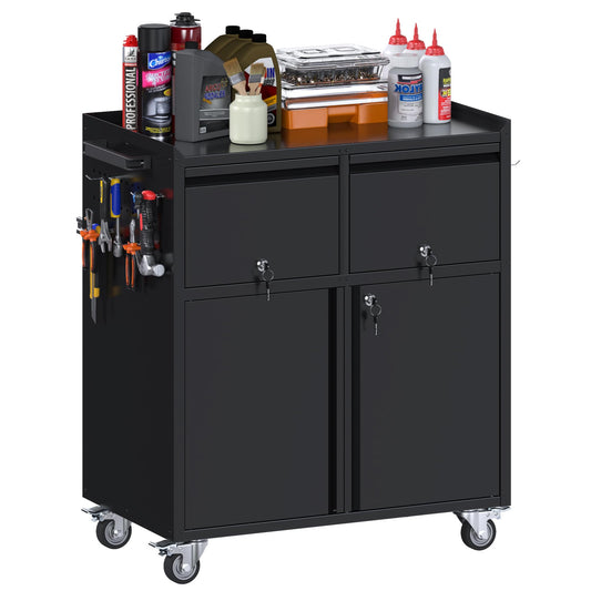 Aobabo Rolling Metal Storage Cabinet With Wheels, Heavy Duty Steel Garage Tool Cabinet With 2 Drawers, Pegboard & 4 Hooks, Lockable Mobile Organizer With Adjustable Shelves, Black, Assembly Required