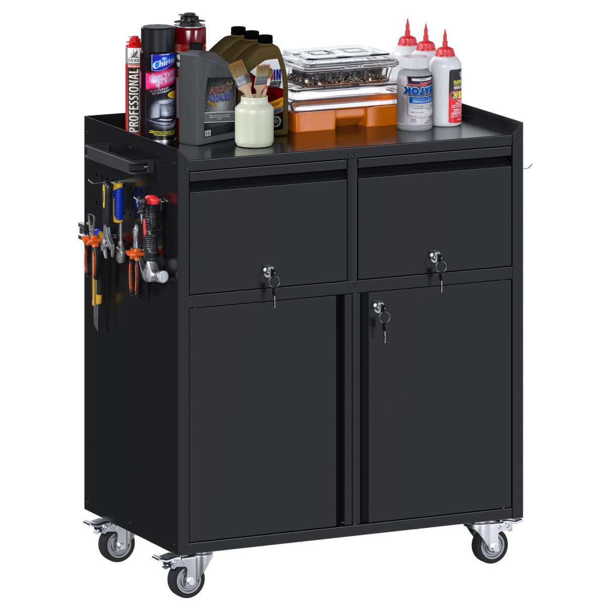 Aobabo Rolling Metal Storage Cabinet With Wheels, Heavy Duty Steel Garage Tool Cabinet With 2 Drawers, Pegboard & 4 Hooks, Lockable Mobile Organizer With Adjustable Shelves, Black, Assembly Required