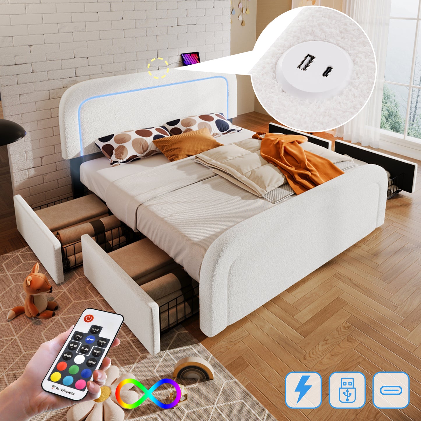 Bed Frame With USB Type-C Charging Function, LED Lighting, And 4 Drawers, Double Upholstered Bed 140x200cm, Height-adjustable Headboard, Wooden Slatted Frame, Sherpa White Without Mattress