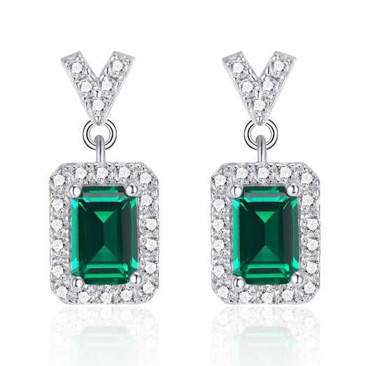 S925 Sterling Silver V-Shape Halo Drop Earrings, 6x4mm Lab-Grown Ruby & Emerald, Platinum Plated 2.6g, Women's Jewelry Gift Box