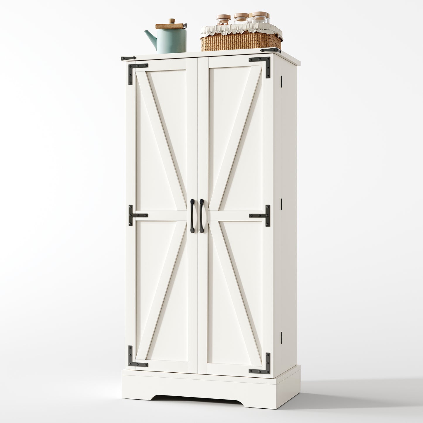 128.5cm Kitchen Cabinet, Farmhouse Storage Cabinet - LED Pantry Cabinet With 2 Hinged Doors And Adjustable Shelves For Small Spaces In The Dining Room Or Living Room, White Gravure Structure