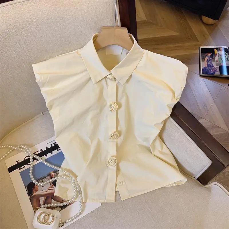 Korean-style French-style Puff-sleeve Blue Blouse For Women