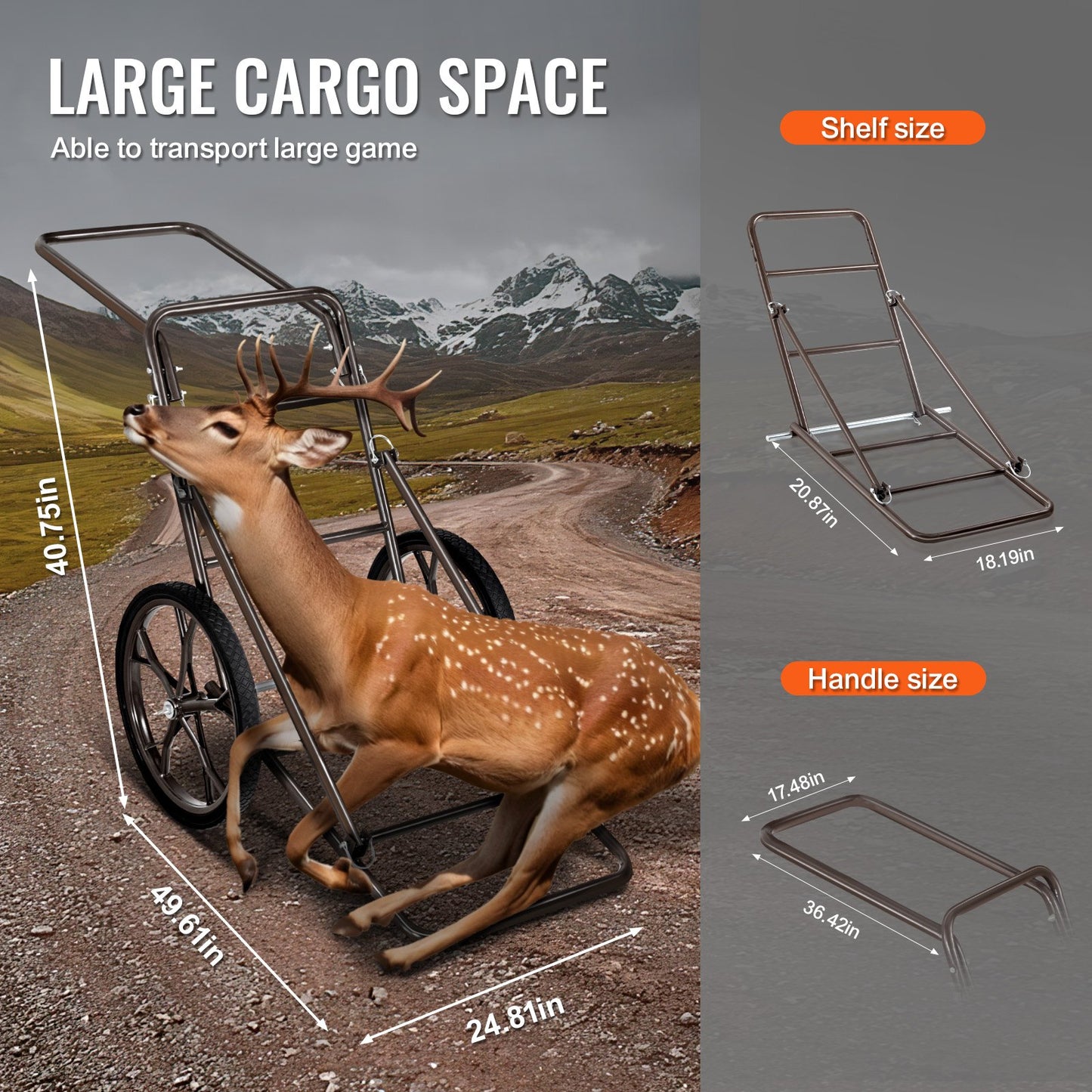 Deer Cart, 500 LBS Capacity Folding Game Cart, Deer Cart Game Hauler With 17" Big Rubber Wheel & Ergonomic Handle, Heavy-Duty Game Cart Accessories, Utility Gear Dolly For Hunting Fishing Hiking