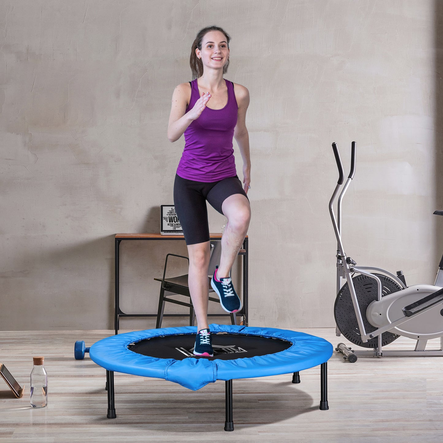 40" Mini Fitness Trampoline Home Gym Yoga Exercise Rebounder Indoor Outdoor Jumper With Safety Pad, Support Up To 150 KG, Blue And Black