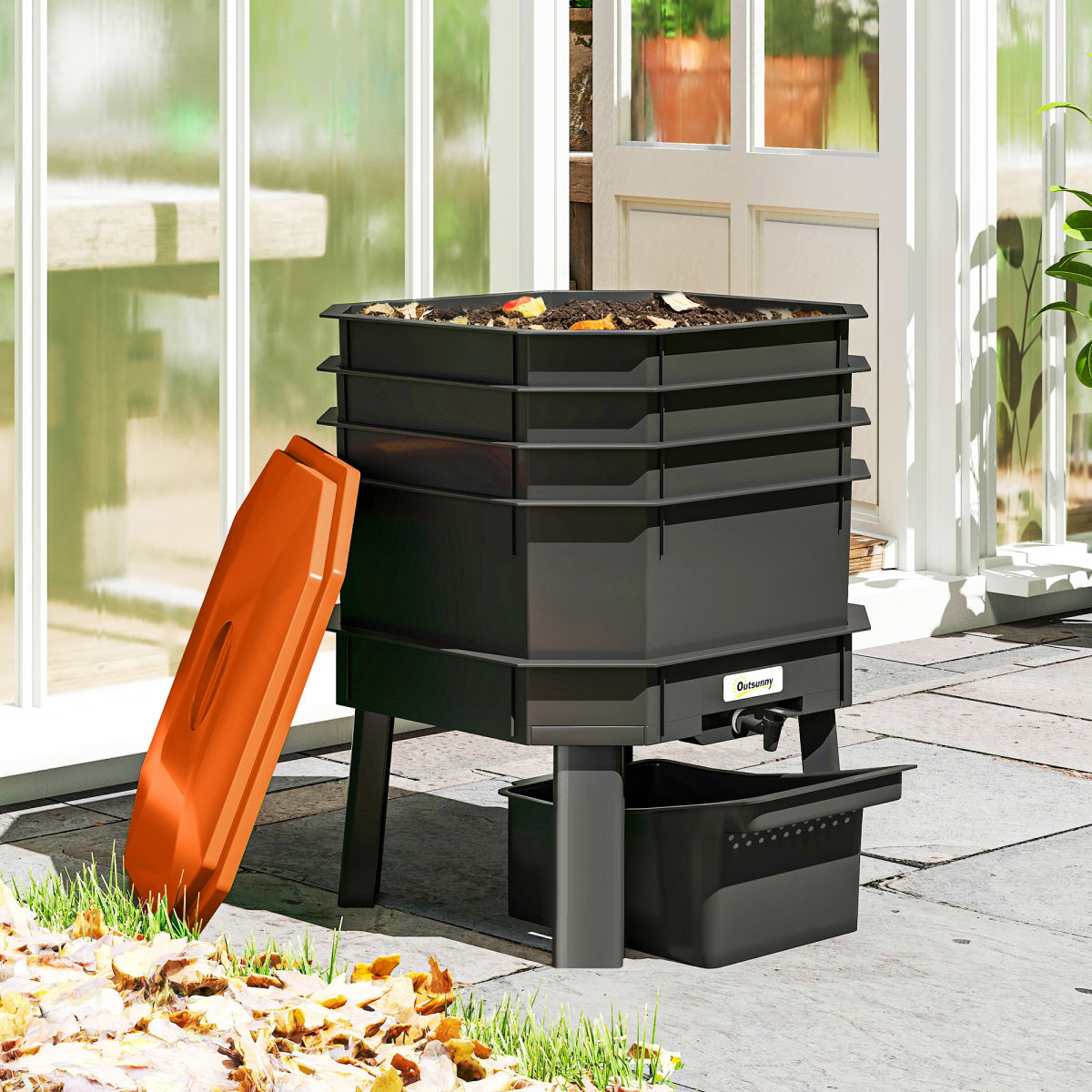4-Tray Worm Composter Bin, 7.4 Gal Outdoor & Indoor Worm Composter for Recycling Food Waste, Orange