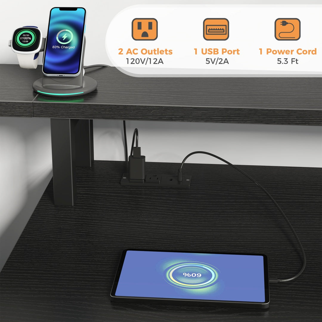 67-inch Computer Desk, Equipped With 5 Drawers And A Monitor Stand. The Gaming Table Comes With LED Lights And Power Sockets. The Printer Cabinet.