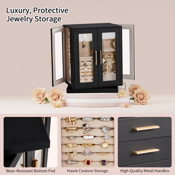 Four Sides With Storage, 5 Drawers That Can Rotate. Black Cabinet Body,   Velvet Fabric. Necklace Box.
