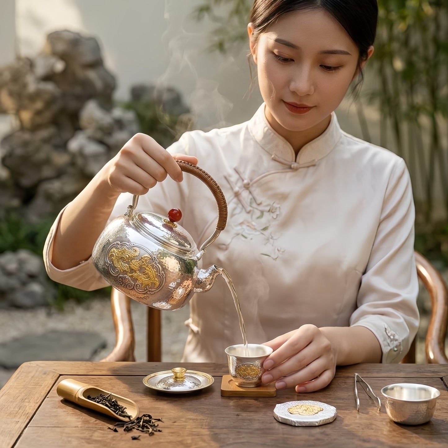 Pure 999 Fine Silver Hand-Hammered Silver Tea Kettle with Intricate Gilt Relief and Natural Rattan Handle - Handicraft
