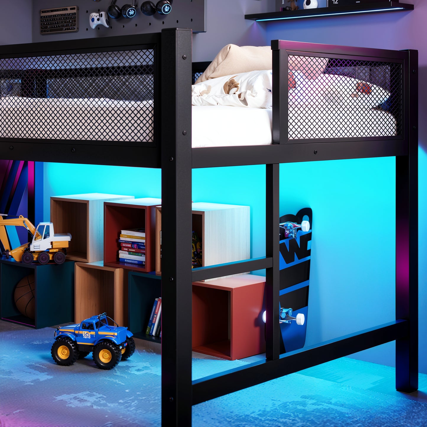 Twin XL Size Gaming Loft Bed With Desk Of X-shaped Leg ,LED Lights, USB Ports, Staircase & Mesh Guardrail - Black Metal Frame, Space-Saving Elevated Bed For Dorms, Bedrooms, & Gaming Setups