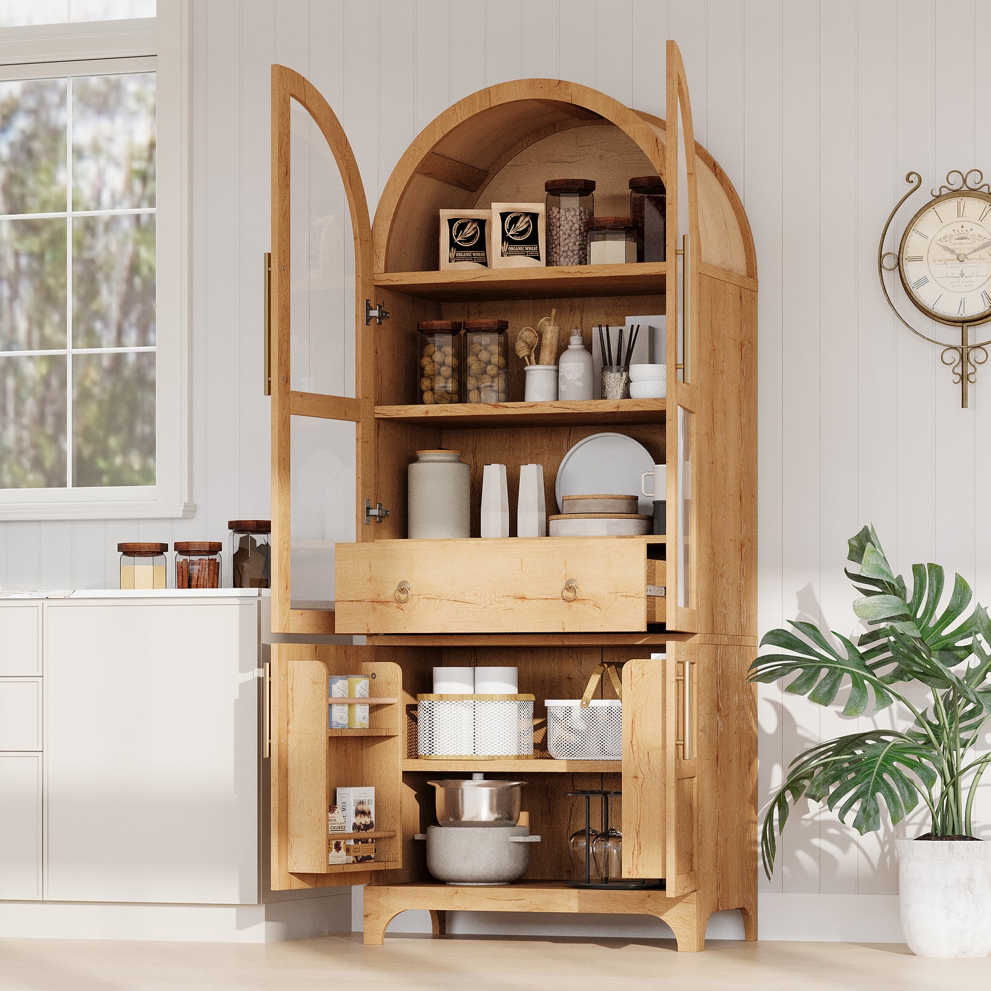 K&K 71  Tall Arched Kitchen Pantry Cabinet With Door Shelves, Farmhouse Kitchen Storage Cabinet With Open & Adjustable Shelves, Hidden Drawer & Glass Door, Cupboard For Kitchen, Dining Room, Natural