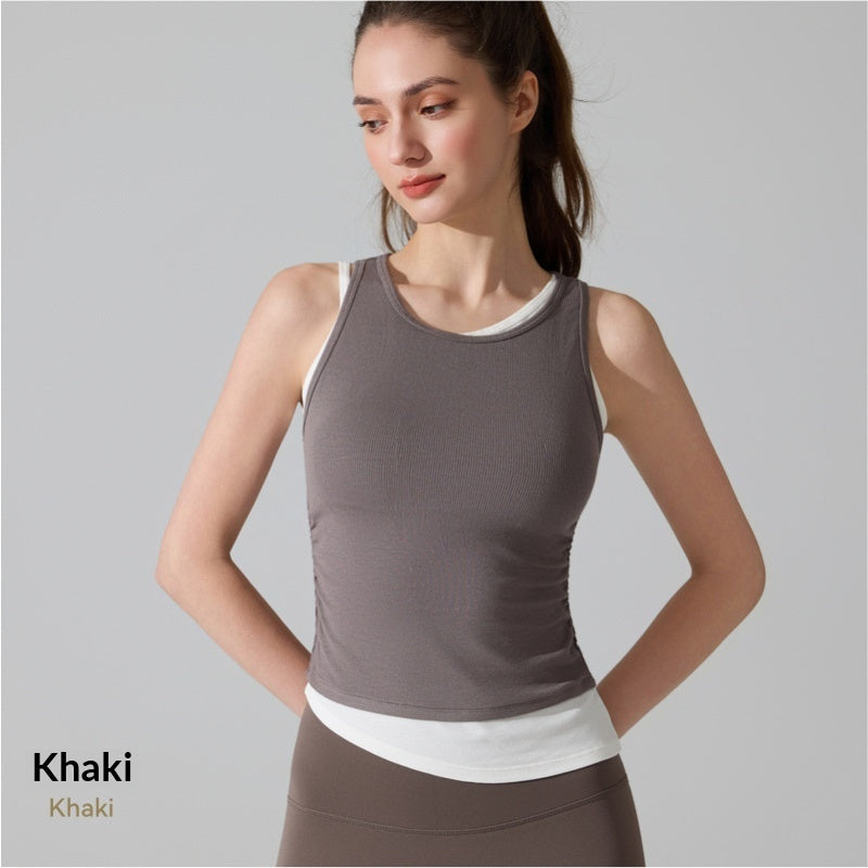 Threaded Yoga Tank Top High-Elastic One-Piece Cup Bra Slim-Fit Fake Two-Piece Running Fitness Wear