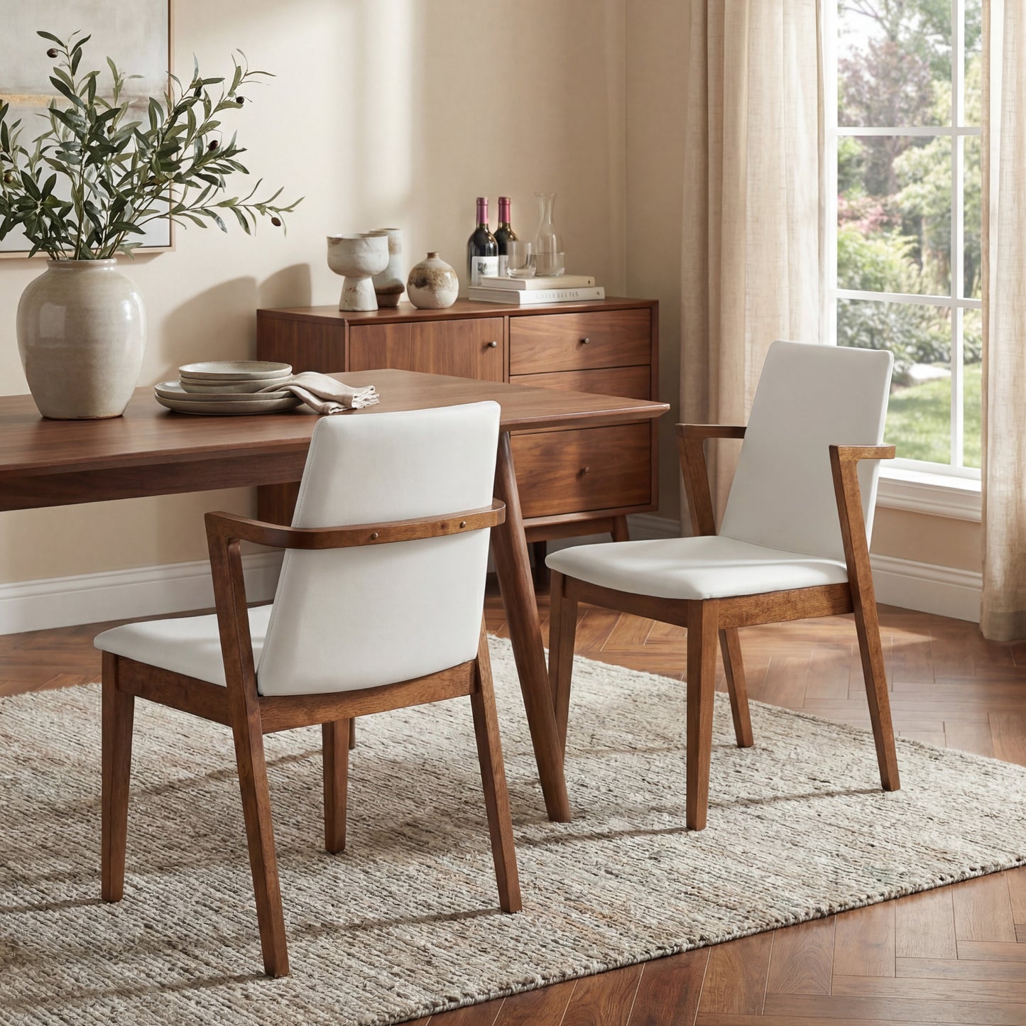 Mid-Century Modern Dining Chairs Set Of 2 - Beige PU Upholstered Armchairs With Walnut Color Rubber Wood Frame, 250lbs Capacity For Kitchen & Dining Room