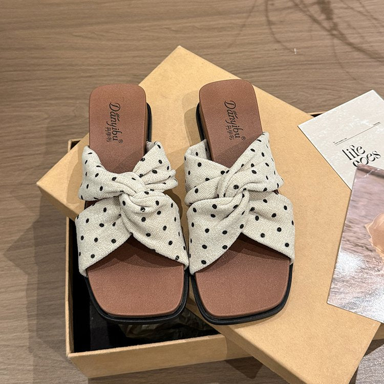 French Polka Dot Cross Belt One Line Slippers For Women's Summer Outdoor Wear Vacation Fairy Style Beach Sandals