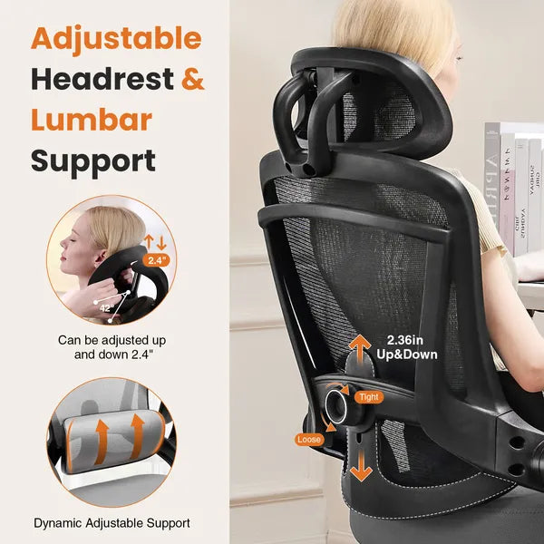 High Back Desk Chair With Adjustable Lumbar Support & Headrest,Comfortable Mesh Computer Chair With Soft Flip Up Arms, Adjustable Height And 120'Tilt