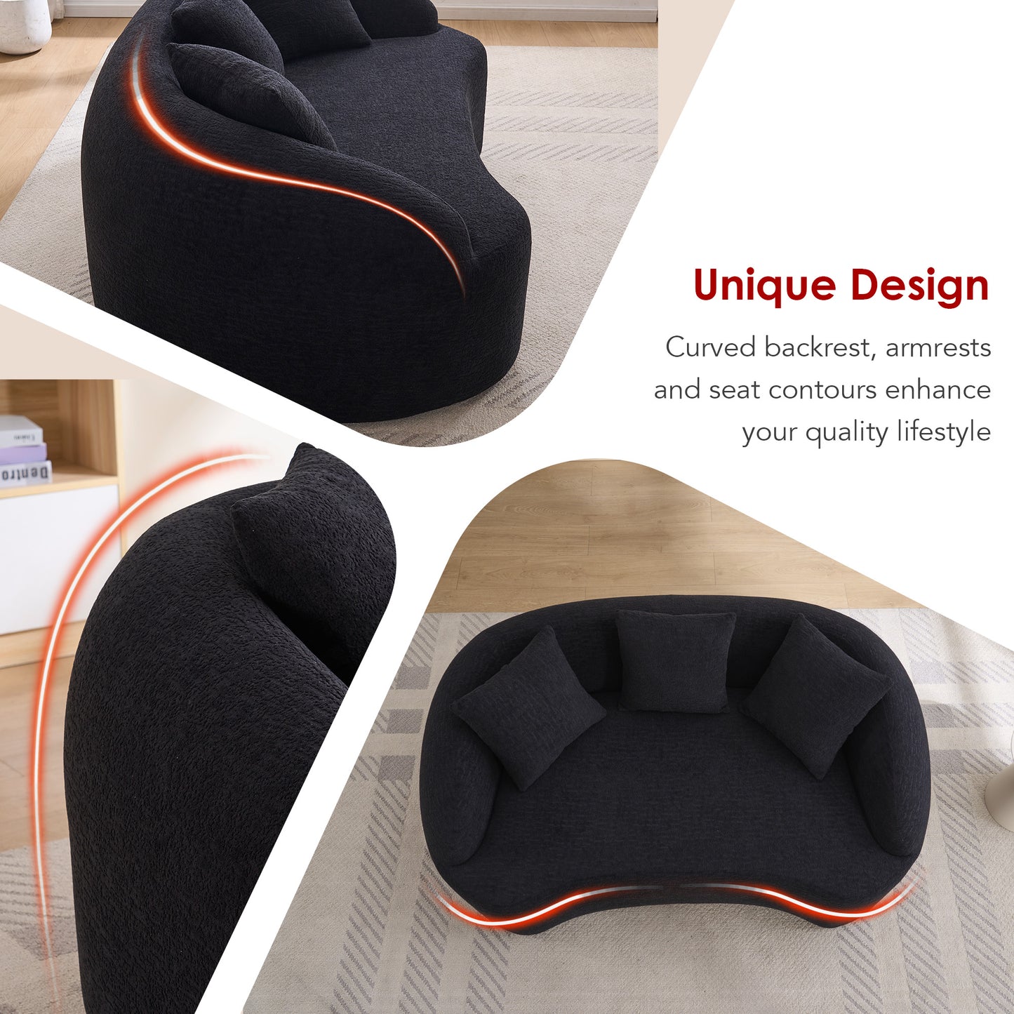 LY-049S Curved Modern Boneless Sofa Loveseat  Backrest Upgrade  2-Seater Black Chenille Compression Couch With 3 Pillows  Minimalist Modular Couches For Living Room  Office  Apartment  Guest Room
