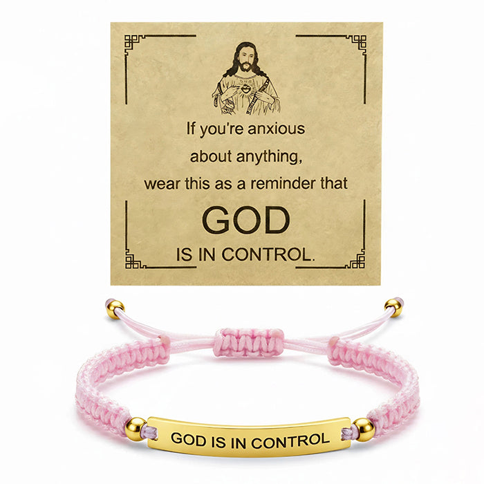 God Is In Control Engraved Bracelet, Handmade Braided Nylon Cord Cuff For Men Women, Stainless Steel Religious Christian Gift With Scripture Card