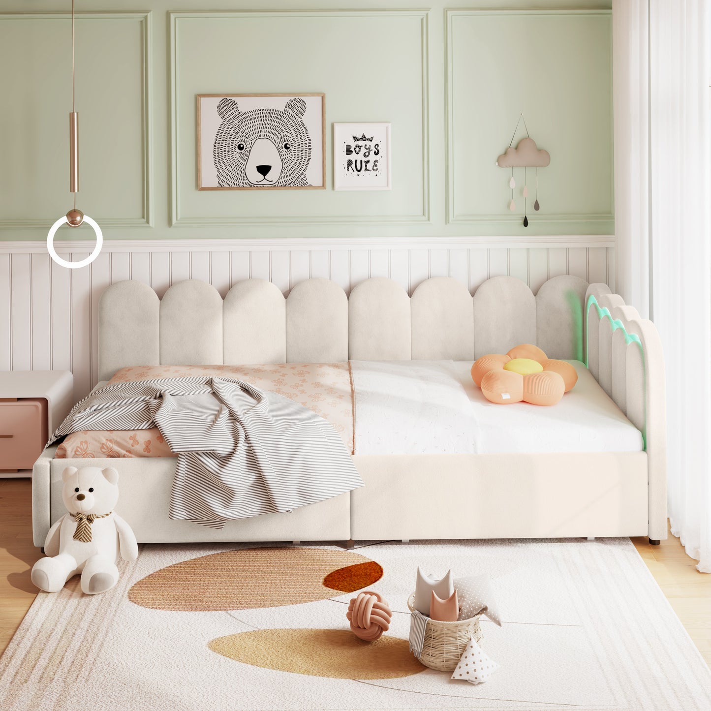 3ft Single Daybed With Smart RGB LED Lights And 2 Storage Drawers, Modern Velvet Youth Bed With Scalloped Backrest And Wooden Slats, Reversible Side Panel, Easy Assembly, Beige  No Mattress