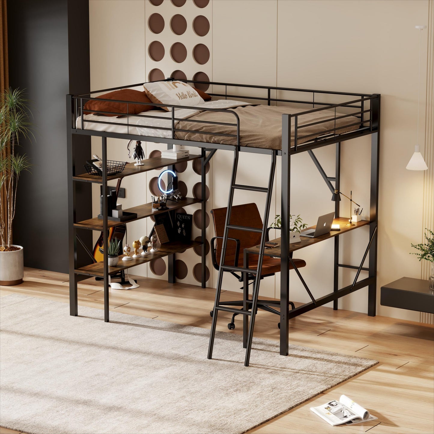 90x200cm Bed Frame Metal Bed, Iron Bed, Loft Bed With Desk And Three Large Shelves For Children, Teenagers And Adults, 90x200 Cm, Black