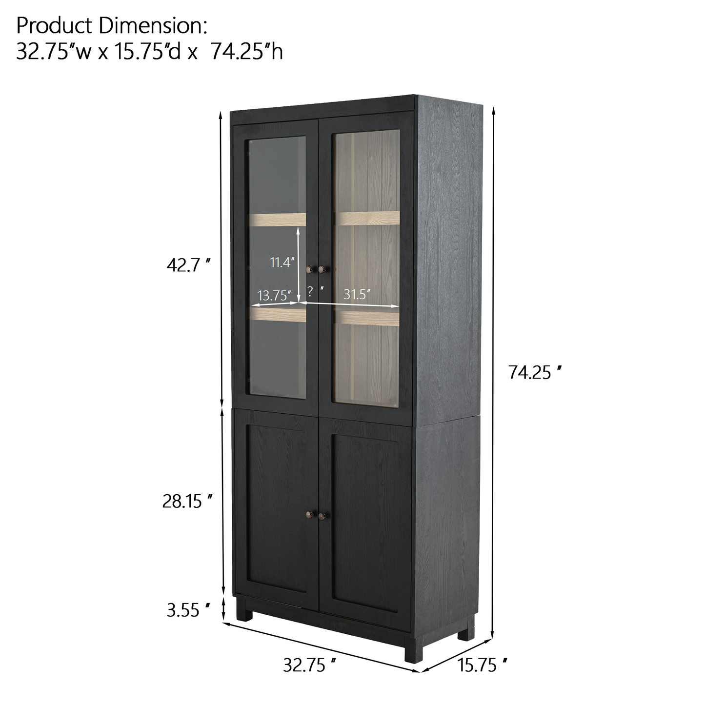 74.5 H Ash Wood Grain Display Cabinet, Bookcase With Glass Doors & Adjustable Shelves, Mid-Century Modern Bookshelf, Curio Cabinet For Hallways, Livingroom Kitchen & Office - Black