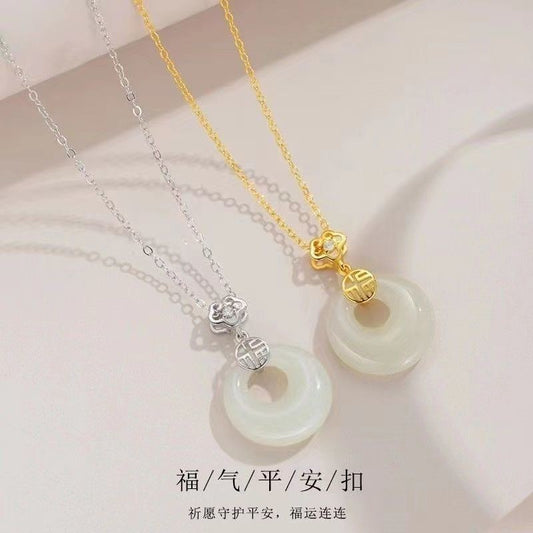 New Chinese-Style Imitation Hetian Jade Fortune And Peace Pendant Titanium Steel Necklace, Light Luxury Niche Design, Valentine's Day Gift For Mom