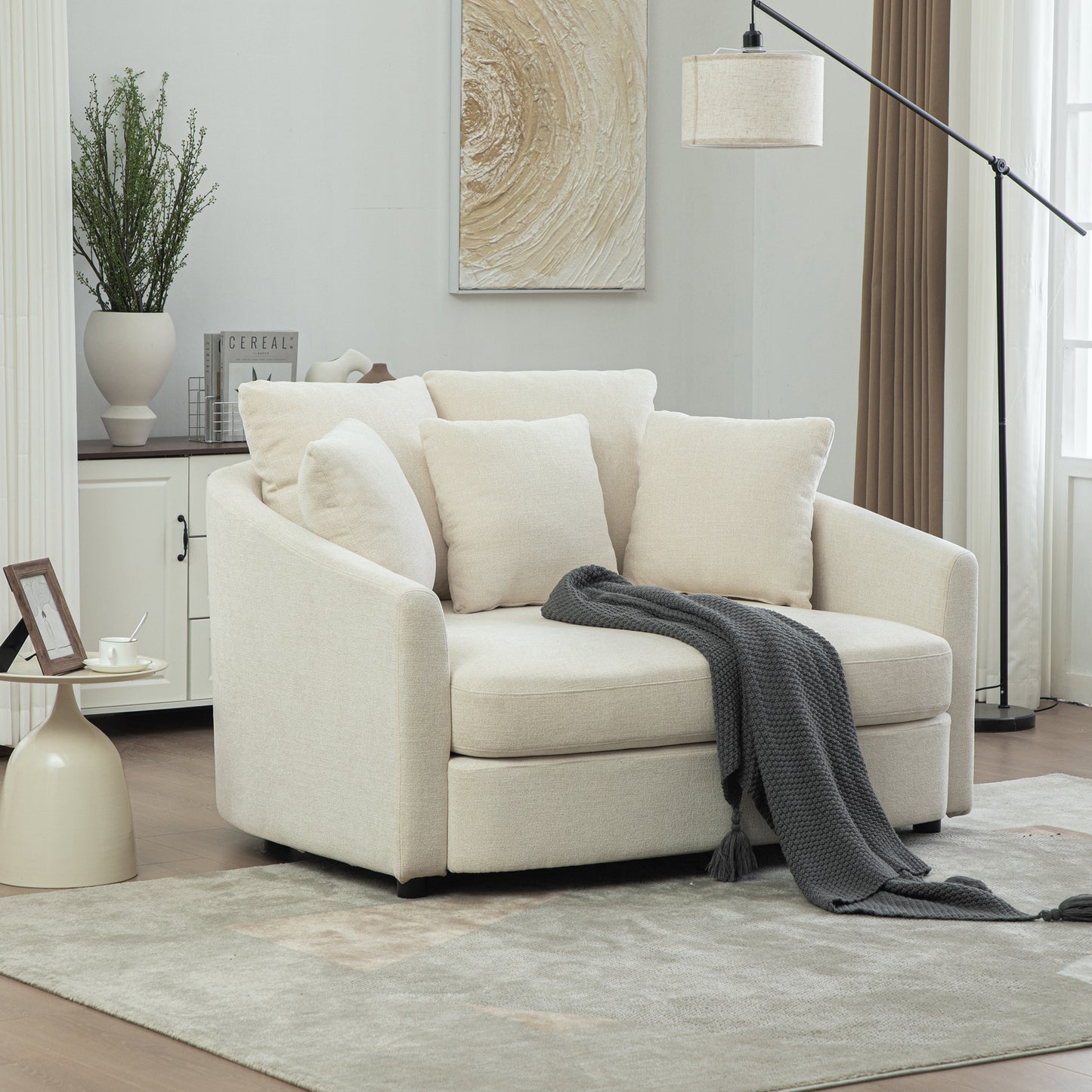 56.3  Wide Upholstered Round Accent Cuddle Chaise With Pillows, Cozy Oversized Slipcovered Barrel Lounger Chair With Deep Seat Reading Armchair For Club, Living Room, Bedroom, Office, Lounge, Beige
