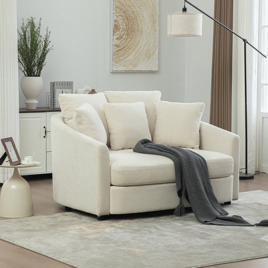 56.3  Wide Upholstered Round Accent Cuddle Chaise With Pillows, Cozy Oversized Slipcovered Barrel Lounger Chair With Deep Seat Reading Armchair For Club, Living Room, Bedroom, Office, Lounge, Beige