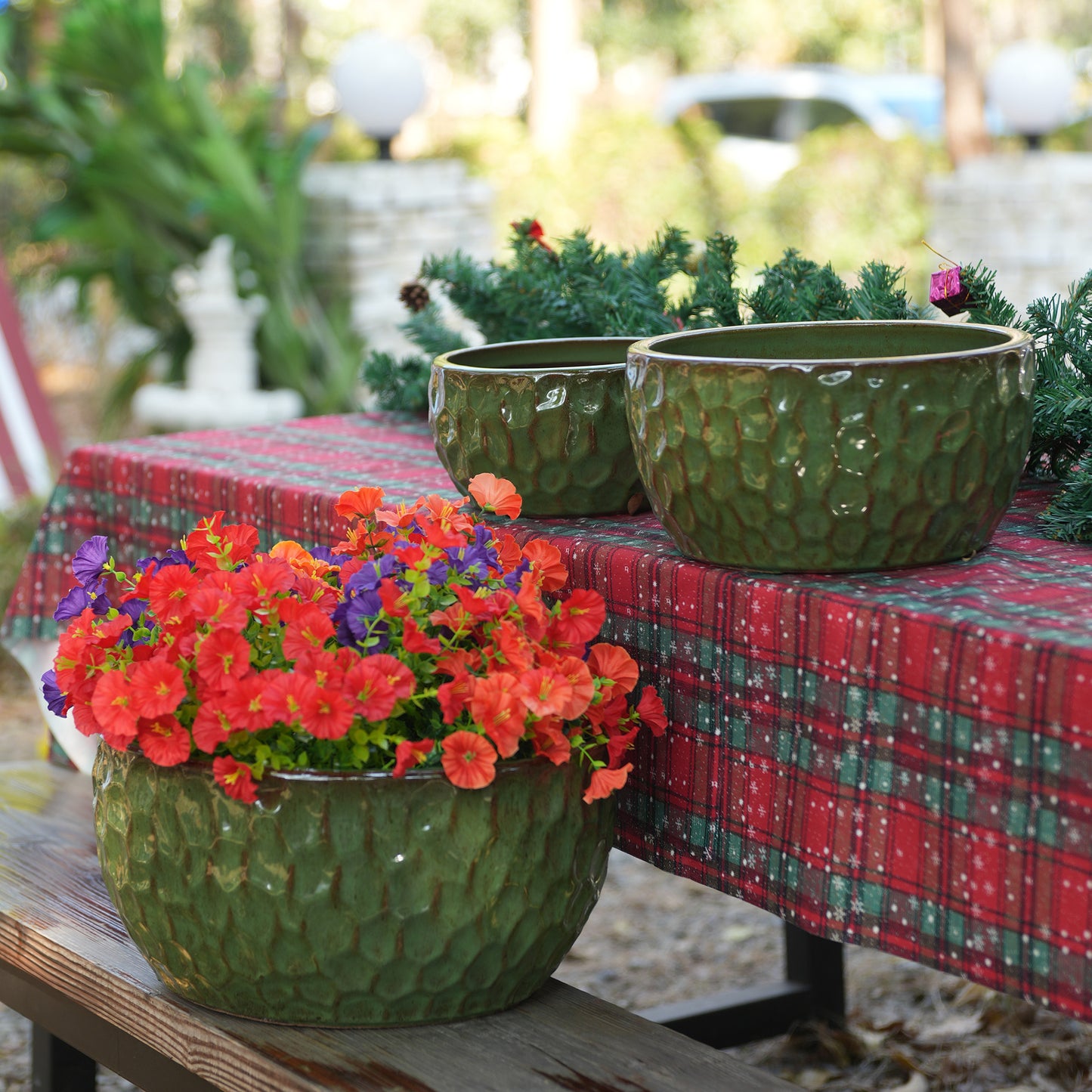 3-piece Handmade Glazed Ceramic Planter Set   38.1 30.5 25.4 Cm , Green, Hammer-patterned, Ideal For Bamboo Fig Tree, Indoor Outdoor, Breathable Earthenware With Drain Holes