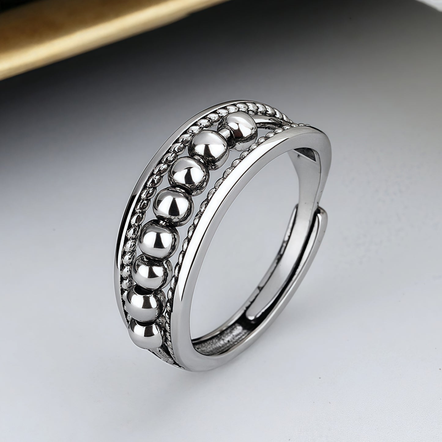 Moving Bead Fidget Spinner Open Adjustable Ring For Men Women, Copper Plated Silver Multi-Band Stress Relief Minimalist Stackable Daily Jewelry Gift