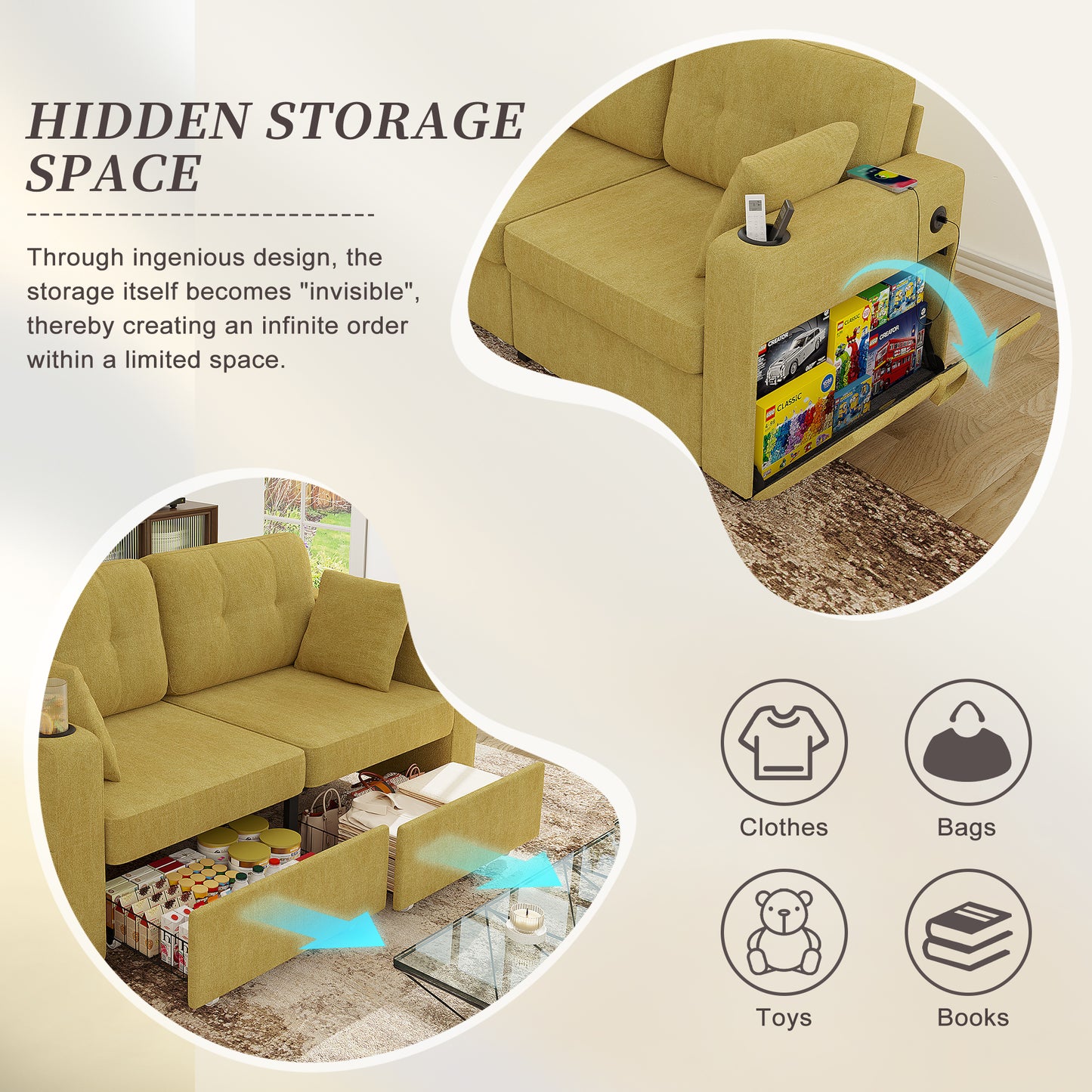 Sofas For Living Room, Couch Set,3 Seats Sofa, USB Charging,Wood Frame,Easy To Install,with Storage, Charging Station,Cup Holder,Modern Sectional Sofas For Living Room, Apartment,Chenille Fabric