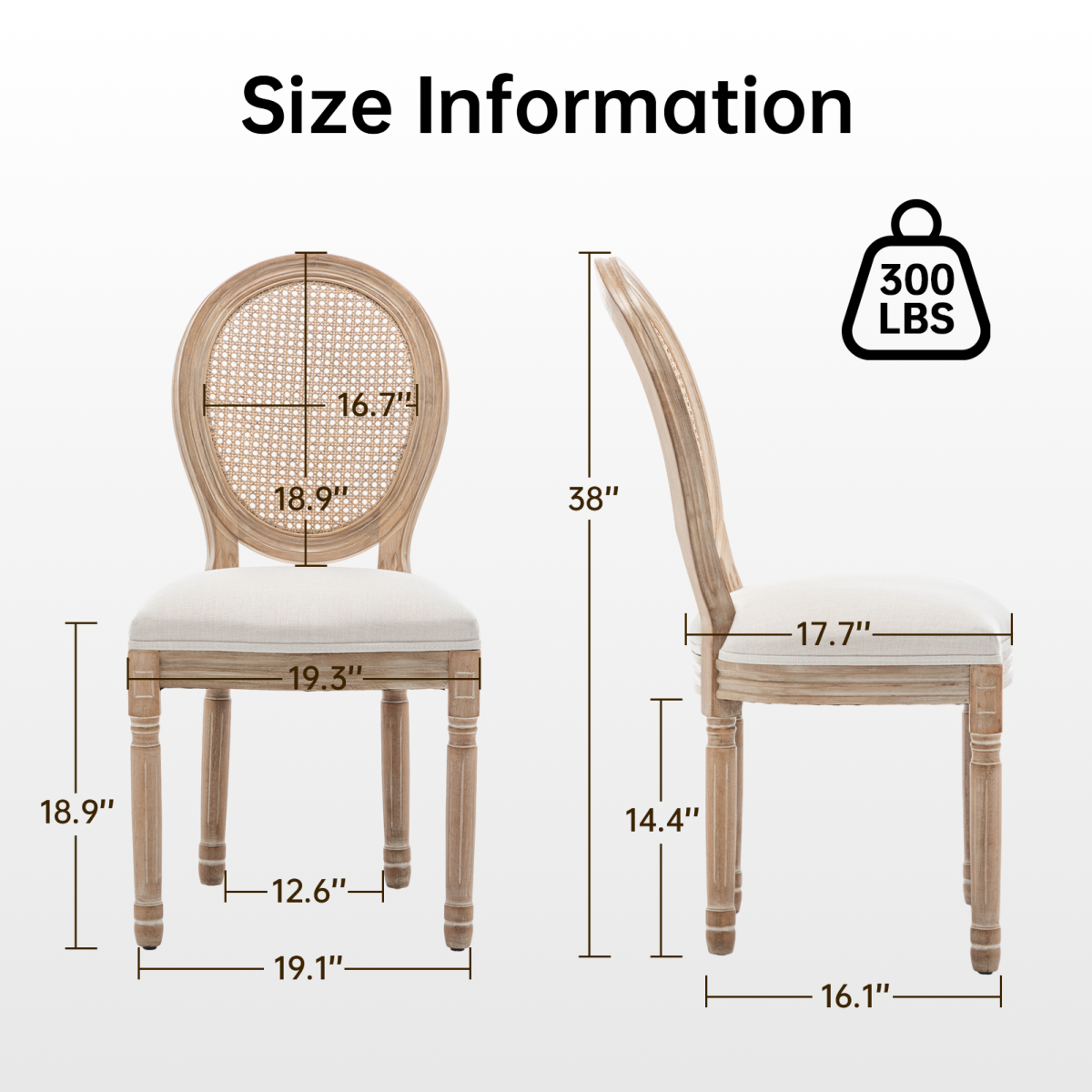 Farmhouse Solid Wood Frame Dining Chairs with Cushioned Linen Seat & Woven Rattan Backrest for Kitchen, Dining Room, Living Room, Beige, Set of 2