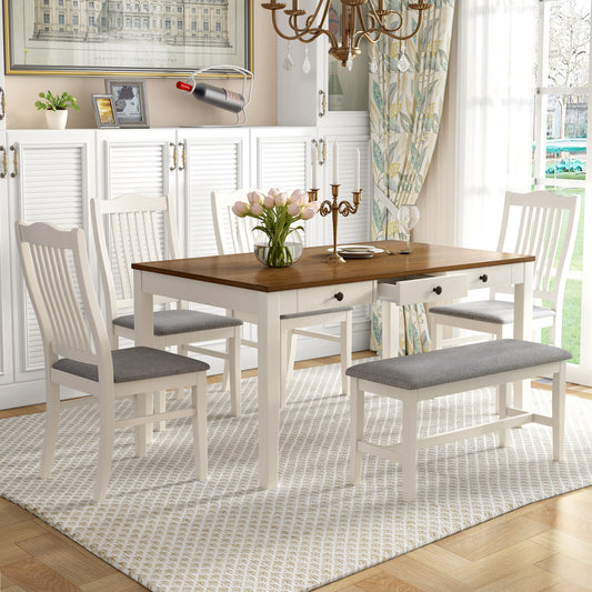 TOPMAX Mid-Century 6-Piece Wood Dining Table Set, Kitchen Table Set With Drawer, Upholstered Chairs And Bench, White Old Sku SP000006AAA